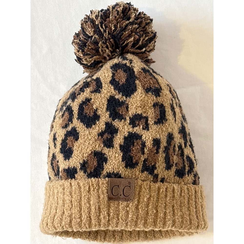 C.C Leopard Print Pom Pom Beanie Hat Tan Brown Animal Knit Ribbed Faux Fur Cuff